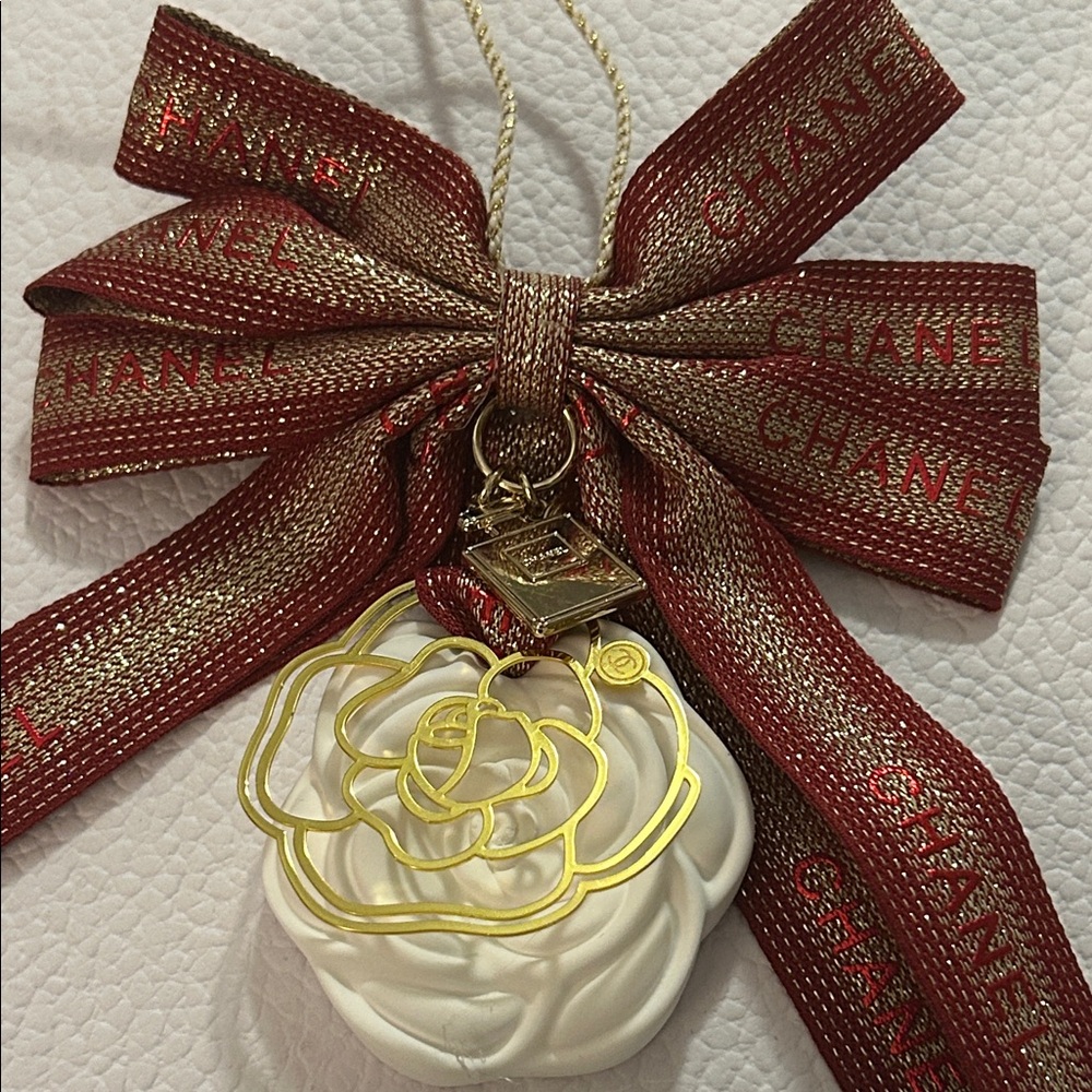 Camellia Flower Burgundy and Gold Ribbon with Ivory Flower Diffuser & Ornament